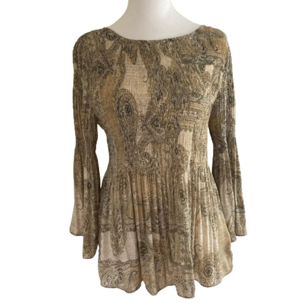 Flowy Bohemian Empire Waist Peplum Tunic Flare Sleeves Neutral Paisley, sz Small